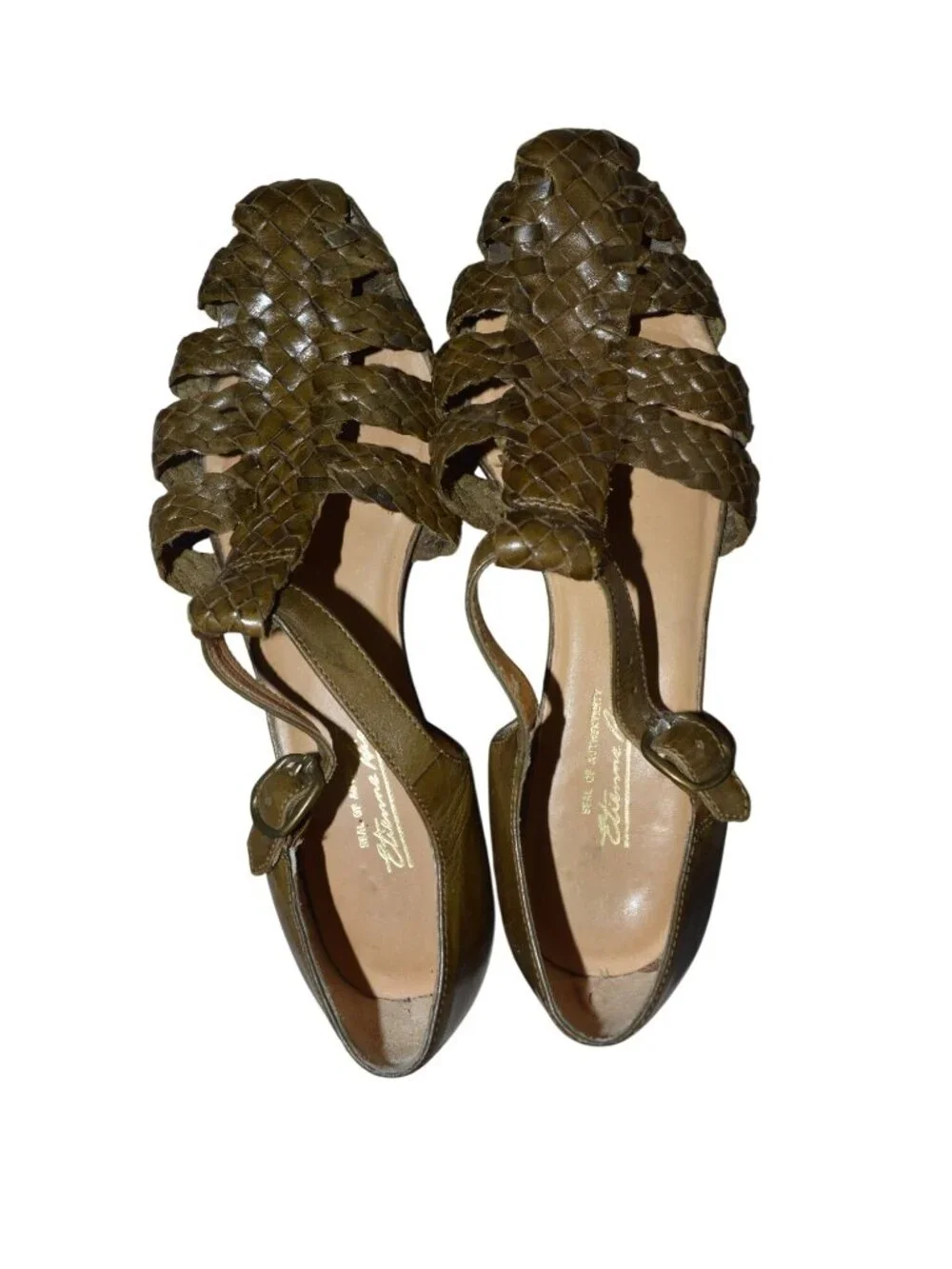 Vintage 80s Etienne Aigner Carol Olive Leather Sandals Women's Size 6.5 Boho